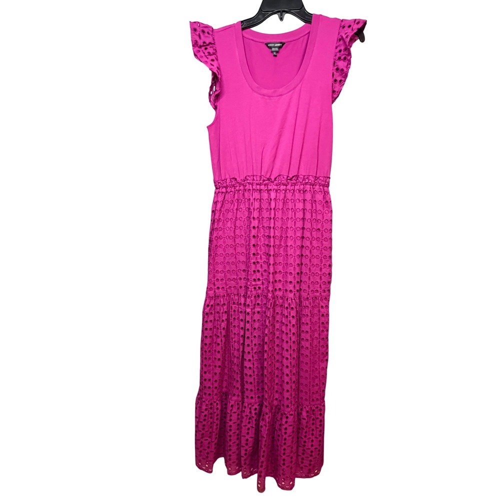 Maggy London Magenta Pink Eyelet Tiered Midi Dress Flutter Sleeve Womens Size 4